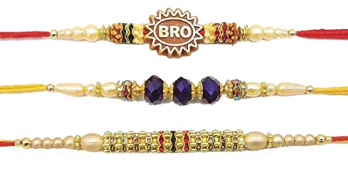 Palak Global Rakhi Bracelet for brother, Unique Design Bhabhi, Sister, Father and celebration with Family, Raksha Bandhan holy Rakhi. (Rakhi Bro Stone - Set of 3, Small) (PLK12)