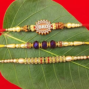 Palak Global Rakhi Bracelet for brother, Unique Design Bhabhi, Sister, Father and celebration with Family, Raksha Bandhan holy Rakhi. (Rakhi Bro Stone - Set of 3, Small) (PLK12)