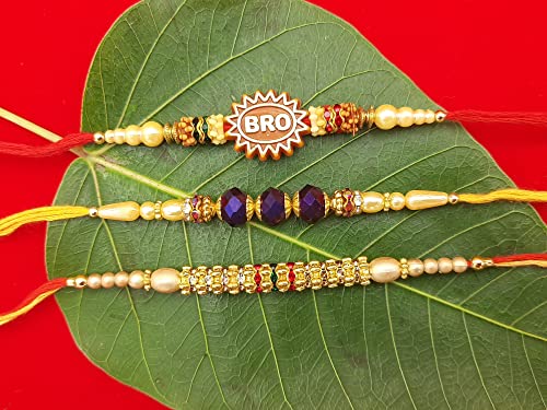 Palak Global Rakhi Bracelet for brother, Unique Design Bhabhi, Sister, Father and celebration with Family, Raksha Bandhan holy Rakhi. (Rakhi Bro Stone - Set of 3, Small) (PLK12)