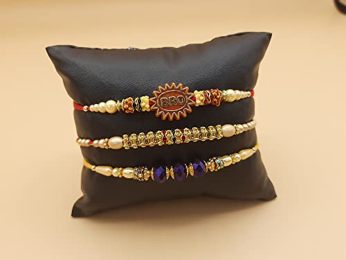 Palak Global Rakhi Bracelet for brother, Unique Design Bhabhi, Sister, Father and celebration with Family, Raksha Bandhan holy Rakhi. (Rakhi Bro Stone - Set of 3, Small) (PLK12)