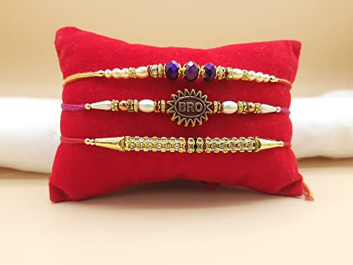 Palak Global Rakhi Bracelet for brother, Unique Design Bhabhi, Sister, Father and celebration with Family, Raksha Bandhan holy Rakhi. (Rakhi Bro Stone - Set of 3, Small) (PLK12)