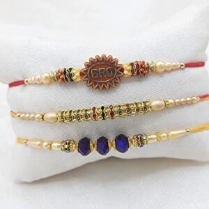 Palak Global Rakhi Bracelet for brother, Unique Design Bhabhi, Sister, Father and celebration with Family, Raksha Bandhan holy Rakhi. (Rakhi Bro Stone - Set of 3, Small) (PLK12)