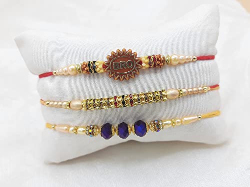 Palak Global Rakhi Bracelet for brother, Unique Design Bhabhi, Sister, Father and celebration with Family, Raksha Bandhan holy Rakhi. (Rakhi Bro Stone - Set of 3, Small) (PLK12)