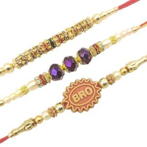 Palak Global Rakhi Bracelet for brother, Unique Design Bhabhi, Sister, Father and celebration with Family, Raksha Bandhan holy Rakhi. (Rakhi Bro Stone - Set of 3, Small) (PLK12)