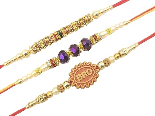 Palak Global Rakhi Bracelet for brother, Unique Design Bhabhi, Sister, Father and celebration with Family, Raksha Bandhan holy Rakhi. (Rakhi Bro Stone - Set of 3, Small) (PLK12)