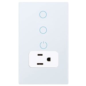 keygma combination smart touch light switch and smart wifi power wall outlet, tuya app smart life, 15a /90-250v ac 60hz, combo style, white