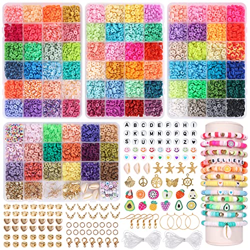 QUEFE 9000pcs, 90 Colors, Clay Beads for Bracelet Making Spacer Heishi Beads Flat Round Polymer Clay Beads for Jewelry Making Kit with Fruit Flower Beads Pendant Charms Kit and Elastic Strings