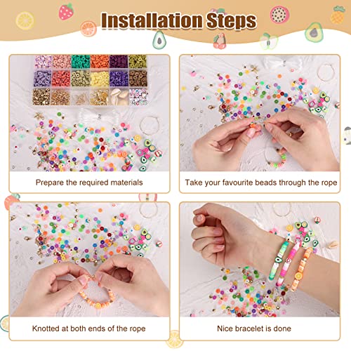 QUEFE 9000pcs, 90 Colors, Clay Beads for Bracelet Making Spacer Heishi Beads Flat Round Polymer Clay Beads for Jewelry Making Kit with Fruit Flower Beads Pendant Charms Kit and Elastic Strings