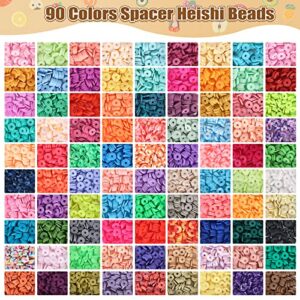 QUEFE 9000pcs, 90 Colors, Clay Beads for Bracelet Making Spacer Heishi Beads Flat Round Polymer Clay Beads for Jewelry Making Kit with Fruit Flower Beads Pendant Charms Kit and Elastic Strings