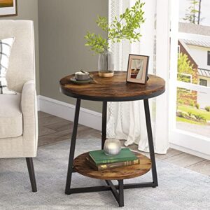 tribesigns end table, 2 tier round side table with storage shelf, industrial nightstand bedside table coffee accent table for living room bedroom small space, rustic brown