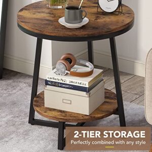 Tribesigns End Table, 2 Tier Round Side Table with Storage Shelf, Industrial Nightstand Bedside Table Coffee Accent Table for Living Room Bedroom Small Space, Rustic Brown