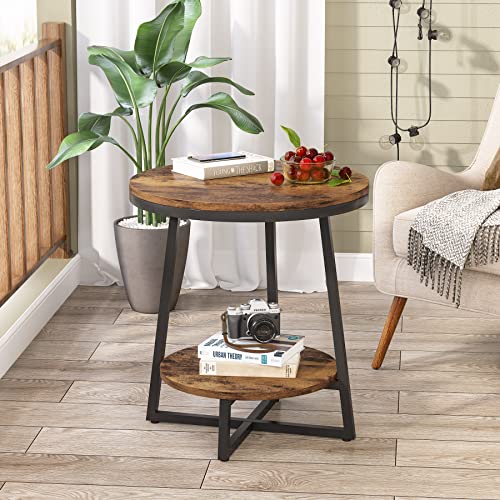 Tribesigns End Table, 2 Tier Round Side Table with Storage Shelf, Industrial Nightstand Bedside Table Coffee Accent Table for Living Room Bedroom Small Space, Rustic Brown