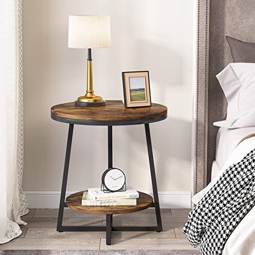 Tribesigns End Table, 2 Tier Round Side Table with Storage Shelf, Industrial Nightstand Bedside Table Coffee Accent Table for Living Room Bedroom Small Space, Rustic Brown