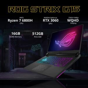 Asus 2022 ROG Strix G15 15.6'' FHD 144Hz Gaming Laptop, AMD Ryzen 7-4800H, 16GB RAM, 512B PCIe SSD, Backlit Keyboard, GeForce RTX 3060 Graphics, Windows 11 Home, Gray, 32GB Snowbell USB Card
