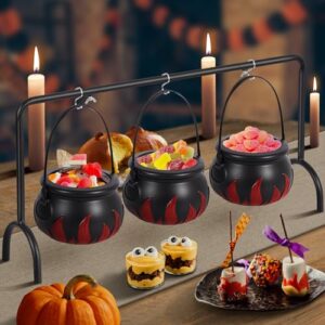 halloween party decoration, cauldron halloween decor, 3 witches cauldron with black decor iron rack, black plastic hocus pocus candy bowl, halloween party favor, indoor outdoor home kitchen decor