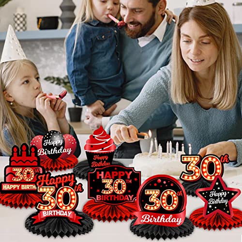 Happy 30th Birthday Red and Black Table Honeycomb Centerpieces Balloons Theme Decor Table Decorations Table Toppers for Girls Women Princess 30 Years Old Birthday Party Bday Supplies Background Gold