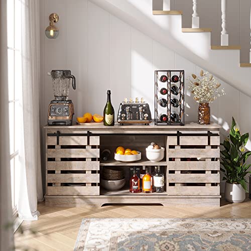 YITAHOME Bar Cabinet, 60“ Farmhouse Sliding Barn Door Cabinet Sideboard Buffet Cabinet with Capacity 300 lbs for Home Kitchen Dinning Living Room, Grey Wash