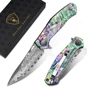 aubey damascus pocket knife for men women, 3.23 inch blade of edc hunting knives with abalone shell handle, ball bearing, liner lock - sharp damascus steel knife with clip, gift for camping