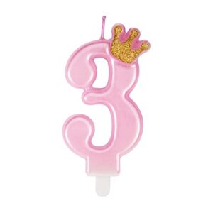 UVTQSSP 3.54 Inches 3th Birthday Candles Pink Number 3 Candles with Golden Glitter Crown Cake Topper Decoration for Party Wedding Celebration Reunions Anniversary Party Supplies Kids Adults