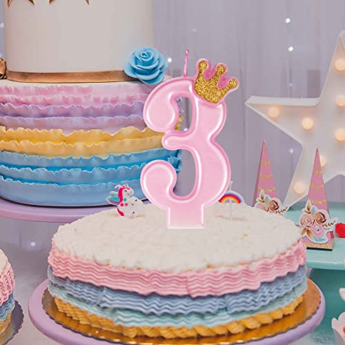 UVTQSSP 3.54 Inches 3th Birthday Candles Pink Number 3 Candles with Golden Glitter Crown Cake Topper Decoration for Party Wedding Celebration Reunions Anniversary Party Supplies Kids Adults