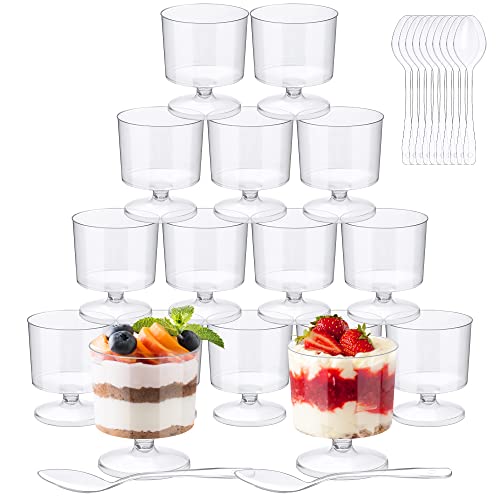 Ruisita 120 Packs 2 Ounces Mini Dessert Cups with Spoons Footed Trifle Bowl with Pedestal Clear Plastic Wine Glasses Parfait Appetizer Cups Serving Bowls for Tasting Party, Wedding, Birthday