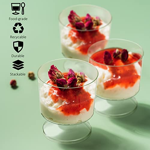 Ruisita 120 Packs 2 Ounces Mini Dessert Cups with Spoons Footed Trifle Bowl with Pedestal Clear Plastic Wine Glasses Parfait Appetizer Cups Serving Bowls for Tasting Party, Wedding, Birthday