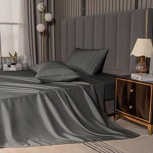 mco bedding twin bed sheets set - bamboo sheets - cooling breathable bedding set with 16" deep pocket (3 pieces, twin, charcoal gray)