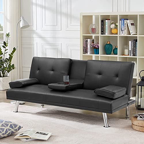 Majnesvon Modern Leather Futon Sofa Bed,Convertible Folding Couch Recliner,Sleeper Loveseat for Small Space,Apartment Office Dorms,with Cup Holders and Removable Armrest (Black)