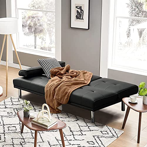 Majnesvon Modern Leather Futon Sofa Bed,Convertible Folding Couch Recliner,Sleeper Loveseat for Small Space,Apartment Office Dorms,with Cup Holders and Removable Armrest (Black)