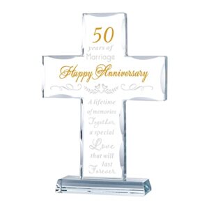 ywhl 50th wedding anniversary religious gifts for parents, laser engraved glass standing cross keepsake for couple, 50 years of marriage cross present