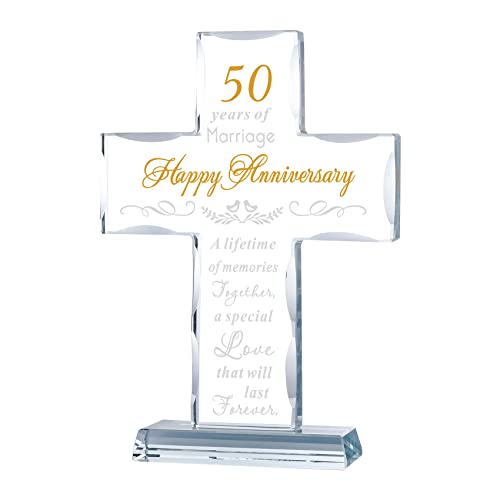 YWHL 50th Wedding Anniversary Religious Gifts for Parents, Laser Engraved Glass Standing Cross Keepsake for Couple, 50 Years of Marriage Cross Present