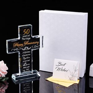 YWHL 50th Wedding Anniversary Religious Gifts for Parents, Laser Engraved Glass Standing Cross Keepsake for Couple, 50 Years of Marriage Cross Present