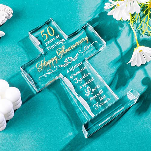 YWHL 50th Wedding Anniversary Religious Gifts for Parents, Laser Engraved Glass Standing Cross Keepsake for Couple, 50 Years of Marriage Cross Present