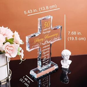 YWHL 50th Wedding Anniversary Religious Gifts for Parents, Laser Engraved Glass Standing Cross Keepsake for Couple, 50 Years of Marriage Cross Present