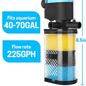 AquaMiracle Aquarium Filter 3-Stage in-Tank Filter Internal Fish Tank Filter Turtle Filter for 40-70 Gallon Fish Tanks with Dual Water Outlet & Aeration, Flow Adjustable