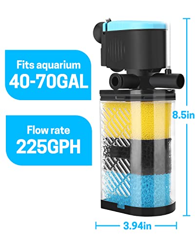 AquaMiracle Aquarium Filter 3-Stage in-Tank Filter Internal Fish Tank Filter Turtle Filter for 40-70 Gallon Fish Tanks with Dual Water Outlet & Aeration, Flow Adjustable