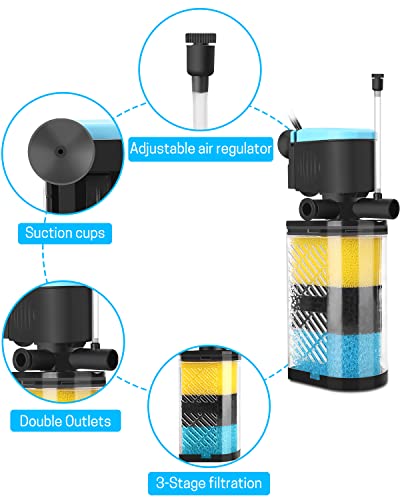 AquaMiracle Aquarium Filter 3-Stage in-Tank Filter Internal Fish Tank Filter Turtle Filter for 40-70 Gallon Fish Tanks with Dual Water Outlet & Aeration, Flow Adjustable