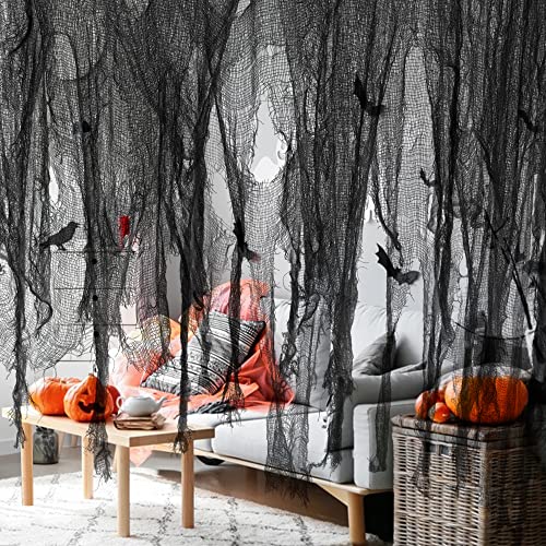 Watayo 500x39 Inch Large Size Halloween Creepy Cloth-Halloween Black Scary Spooky Cloth-Windows Doorways Cover Gauze for Halloween Party Haunted House Decor