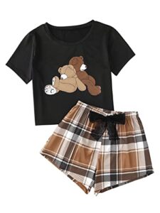 sweatyrocks women's 2 piece pajama set graphic short sleeve tee shirt and cute plaid shorts black brown large
