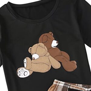SweatyRocks Women's 2 Piece Pajama Set Graphic Short Sleeve Tee Shirt and Cute Plaid Shorts Black Brown Large