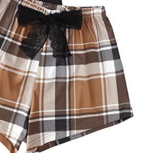 SweatyRocks Women's 2 Piece Pajama Set Graphic Short Sleeve Tee Shirt and Cute Plaid Shorts Black Brown Large