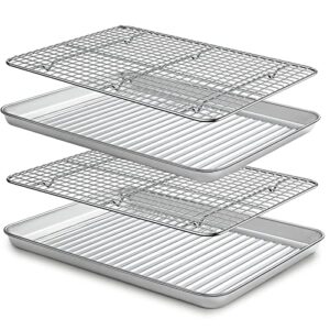 baking sheet with cooling rack set(2 pans+2 racks) 17'', terlulu stainless steel baking pan with wire rack, heavy duty half sheet pan&bacon rack for oven cooking, cookie sheet, 17.1 x 12.2 x 1.1 inch