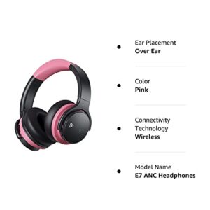 PurelySound E7 Active Noise Cancelling Headphones, Wireless Over Ear Bluetooth Headphones, 20H Playtime, Rich Deep Bass, Comfortable Memory Foam Ear Cups for Travel, Home Office -Pink