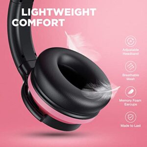 PurelySound E7 Active Noise Cancelling Headphones, Wireless Over Ear Bluetooth Headphones, 20H Playtime, Rich Deep Bass, Comfortable Memory Foam Ear Cups for Travel, Home Office -Pink
