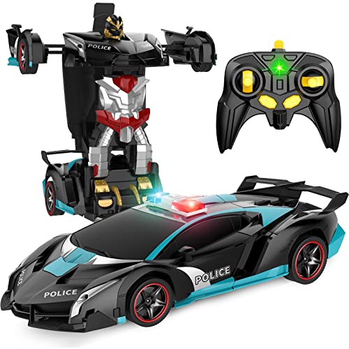 Febyhim Remote Control Car, 2.4Ghz Transform RC Cars, 1:18 Scale Police Car Toy with Flashing Light, One Button Transformation,360 Degree Rotating Drifting Toys for Boys Age 4-7