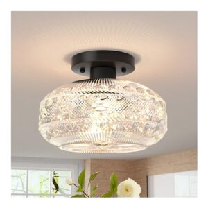 semi flush mount ceiling light,black hallway light fixture,globe glass close to ceiling light,vintage indoor hanging light,farmhouse pendant lamp for kitchen entryway bathroom porch,bulb not included