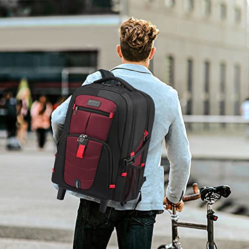 LOVEVOOK Rolling Backpack, Laptop Backpack with Wheels Waterproof Travel Backpack for Men Carry on Luggage Business Backpack fits 17 inch Laptop for Travel(17 inch,Red)
