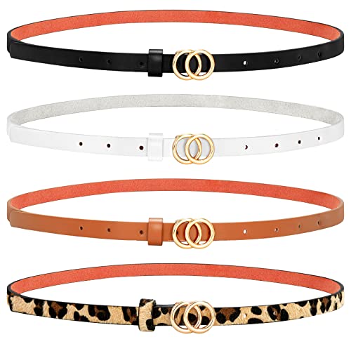 SANSTHS Skinny Belts for Women, 4 Set Thin Faux Leather Belts with Gold Double O Buckle for Jeans Pant Dress Summe£¨S,Leopard £©