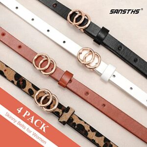 SANSTHS Skinny Belts for Women, 4 Set Thin Faux Leather Belts with Gold Double O Buckle for Jeans Pant Dress Summe£¨S,Leopard £©