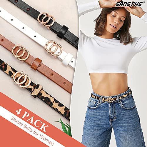 SANSTHS Skinny Belts for Women, 4 Set Thin Faux Leather Belts with Gold Double O Buckle for Jeans Pant Dress Summe£¨S,Leopard £©